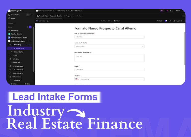 Real estate finance lead intake form in ClickUp for automating borrower information collection