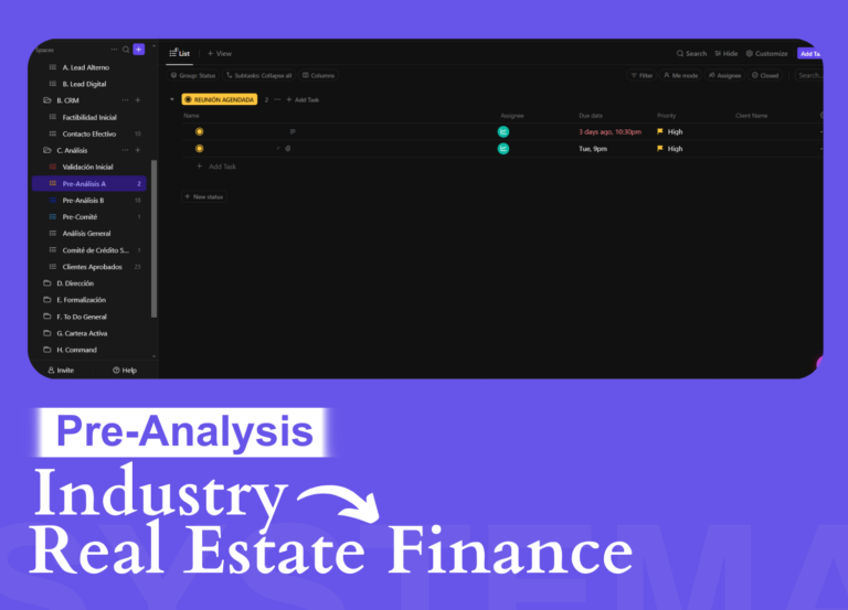 Pre-analysis phase of loan application process managed in ClickUp for real estate finance operations