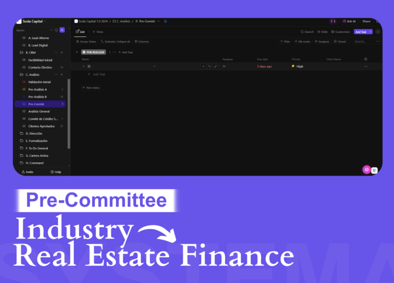 Real estate finance loan pre-committee workflow tracked in ClickUp for internal approvals