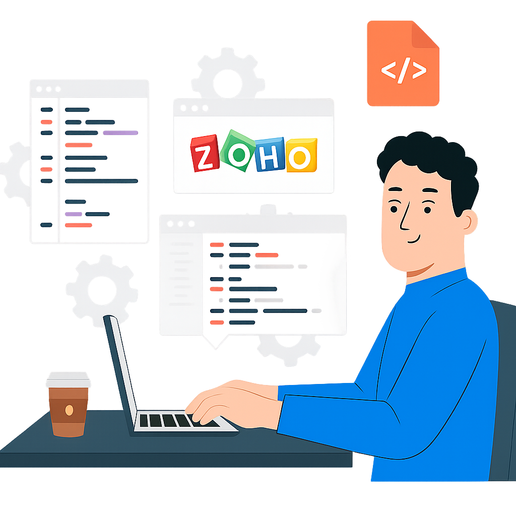 Illustration of a professional working on Zoho CRM automations at a laptop, surrounded by floating code windows, the Zoho logo, and gear icons, symbolizing CRM integration and workflow automation for a mortgage brokerage.