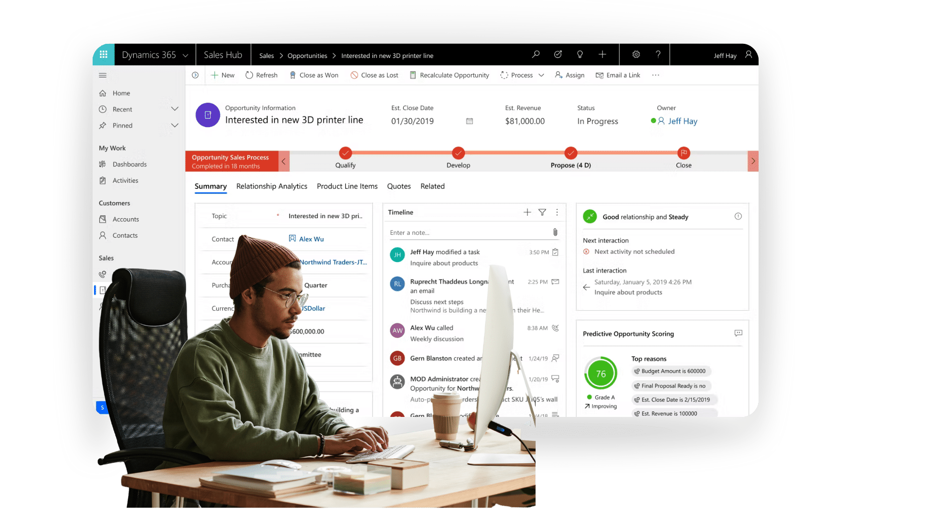 User working on opportunity management and sales forecasting using Dynamics 365 ERP interface â€“ predictive scoring and customer insights.